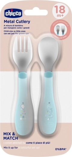 Chicco nerezová lžička a vidlička, teal, od 18 měsíců