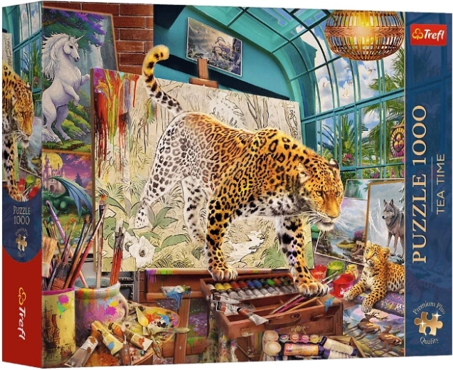 Tea Time Premium Plus puzzle 1000 dílků – leopardi v malířském ateliéru