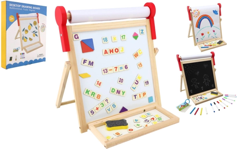 Oboustranná magnetická dětská tabule z dřeva 33 × 33 cm s rolí papíru a doplňky