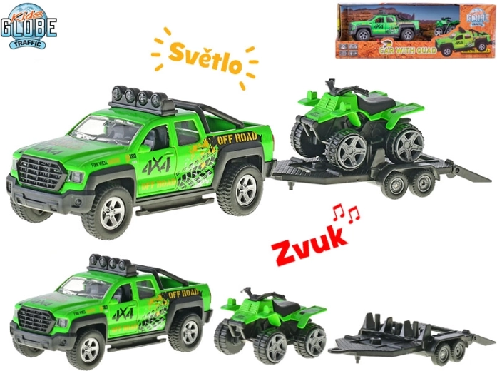 Kids Globe Traffic auto s přívěsem a čtyřkolkou, kovový model 13 cm se světly a zvuky