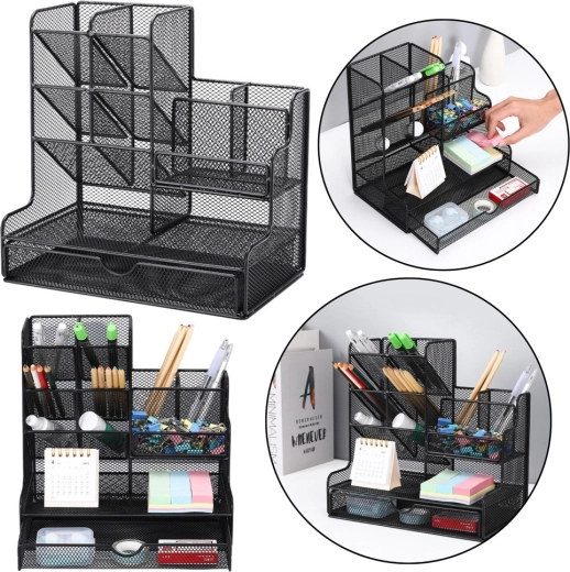 Kovový stolní organizér na kancelářské potřeby – černý