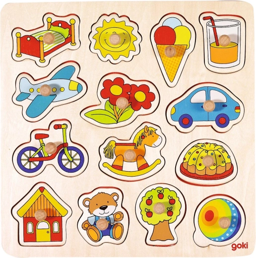 Vkládací dřevěné puzzle s úchyty – houpací kůň, míč a další - 1 kus