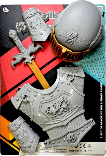 Rytířská sada se stříbrným mečem, zbrojí a helmou