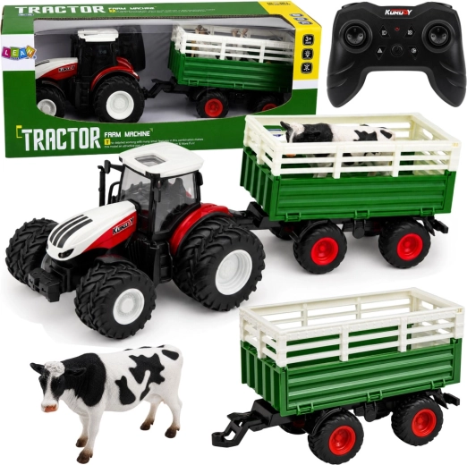 Rc zemědělský traktor s přívěsem a figurkou krávy 1:24
