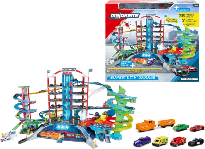 Majorette Super City Garage sedmipatrová garáž se 6 autíčky a vláčkem