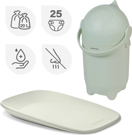 Nattou set: koš na pleny Dropy a přebalovací podložka Softy Green 50 × 70 cm