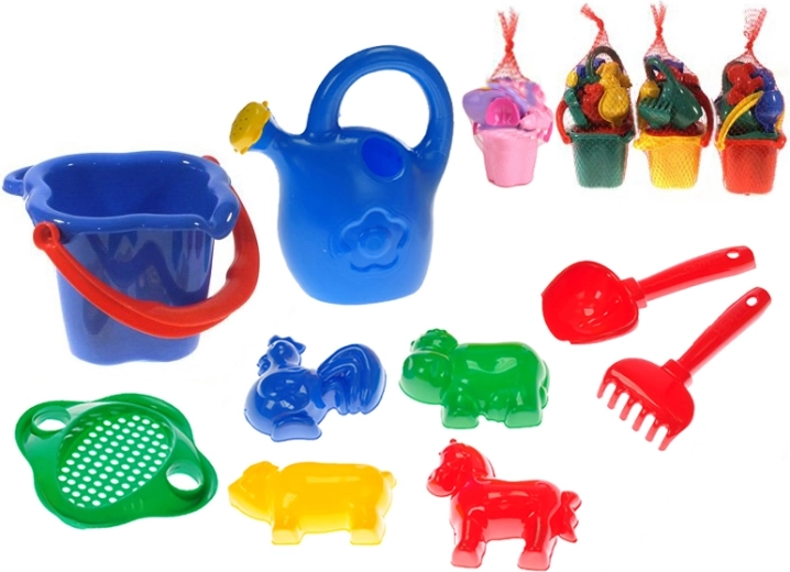Plážová sada na písek s konvičkou, 9 dílů v síťce