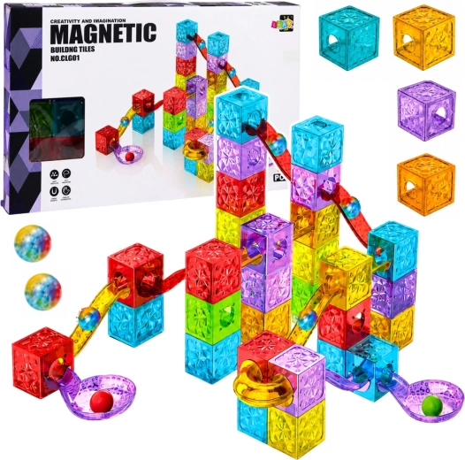 Magnetické stavební kostky s kuličkovou dráhou, barevné 60 dílů