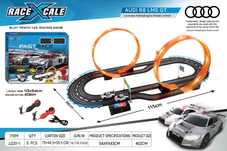 Závodní autodráha na dálkové ovládání Audi R8 1:43, 115 × 54 cm