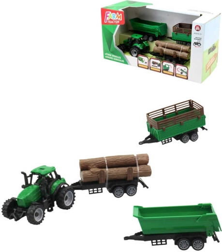 Zelený traktor se 3 přívěsy a kládami dřeva – herní sada