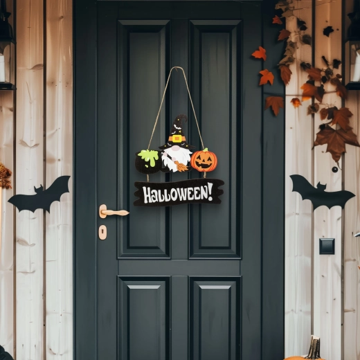 Halloweenská dřevěná závěsná dekorace s trpaslíkem a dýní