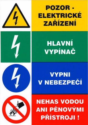 Bezpečnostní samolepka – pozor elektrické zařízení, hlavní vypínač, vypni v nebezpečí, nehas vodou ani pěnovými přístroji 148 × 210 mm