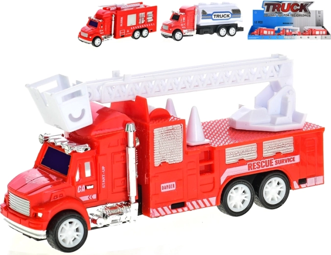 Plastová hasičská autíčka se setrvačníkem 12,5 cm – žebřík, cisterna a stříkačka