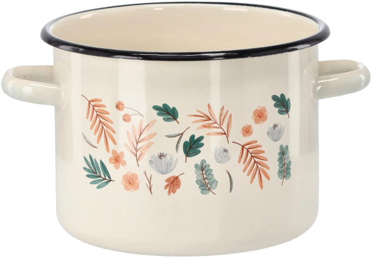 Emaliovaný hrnec 4,5 l, 20 cm, krémový s motivem listů