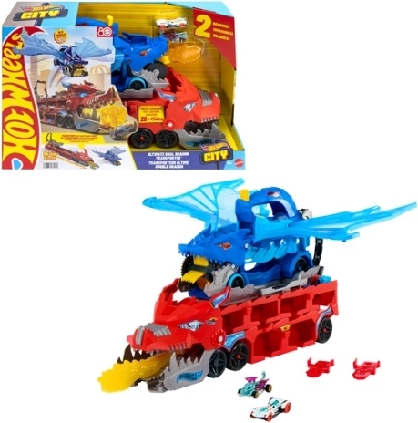 Hot Wheels City dvojitý dračí transportér s autodráhou a 2 autíčky