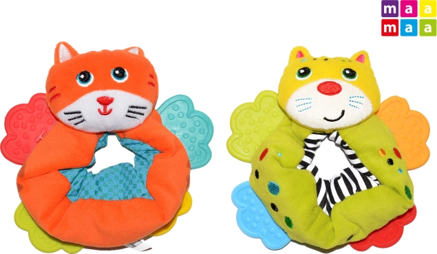 Textilní chrastítko na ruku s kousátky MAAMAA, kočička 12 cm