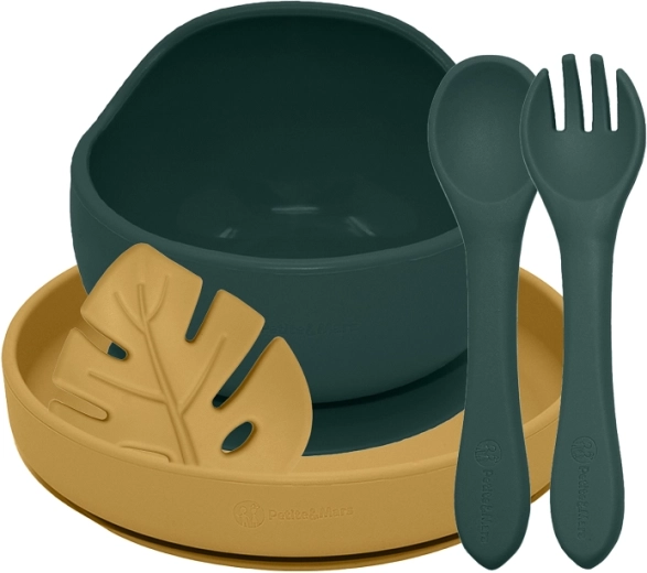 Silikonový jídelní set PETITE&MARS TAKE&MATCH, 4 ks, Misty Green / Intense Ochre, od 6 měsíců