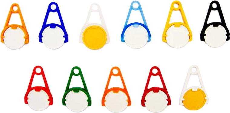 Přívěsek na klíče se žetonem do nákupního vozíku – mix barev, 5 ks