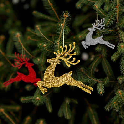Třpytivá vánoční ozdoba sob, 12 cm, červená/zlatá/stříbrná - 1 kus