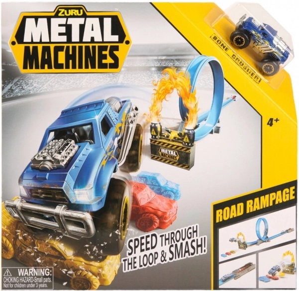 Kaskadérská závodní dráha s rampou a vystřelovačem s kovovým autem