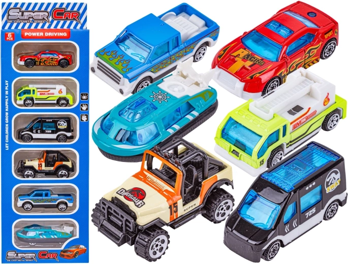 Sada kovových autíček 1:64 – turistický mix 6 ks (SWAT, vznášedlo, jeep)