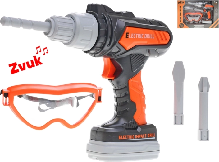 Dětská příklepová vrtačka na baterie se zvuky a ochrannými brýlemi