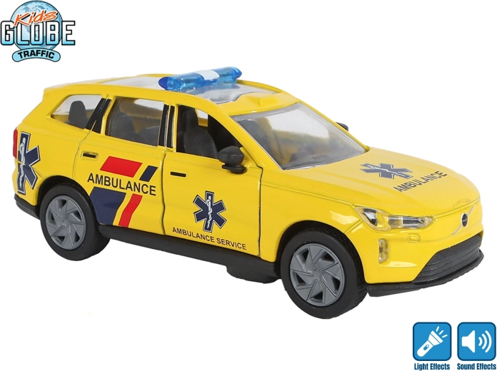 Kids Globe Traffic kovová sanitka Volvo EX90 na zpětný chod se světlem a zvukem 13,5 cm