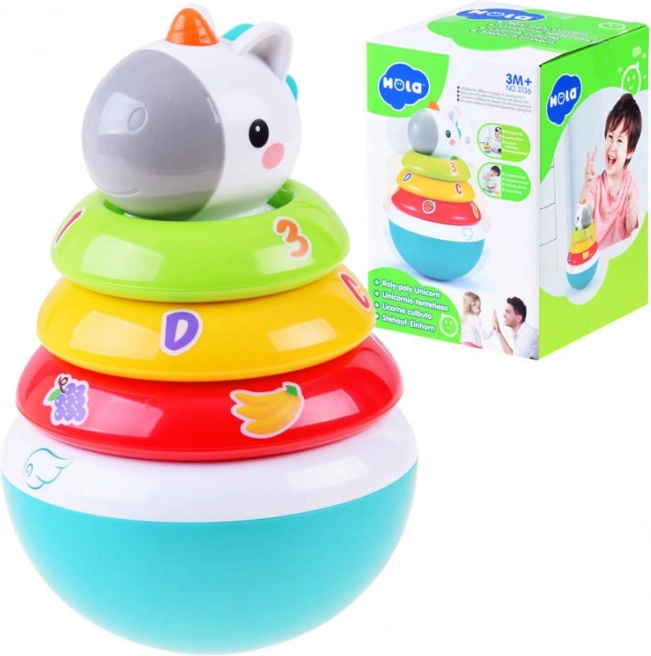 Barevná stohovací hračka s chrastítkem a jednorožcem