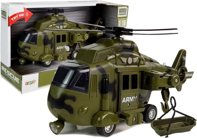 Vojenský záchranný vrtulník 1:16 se světly, zvuky a hákem
