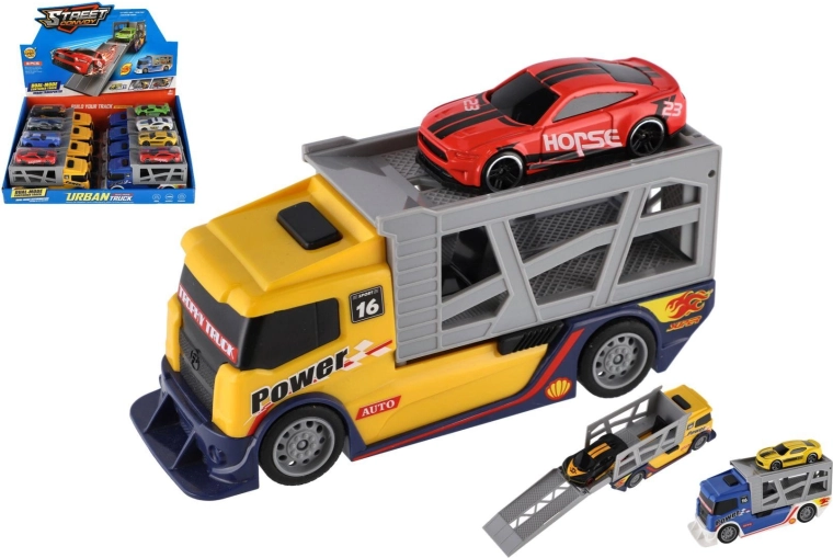 Plastový kamion přepravník s osobním autem 15 cm, volný chod, 2 barvy