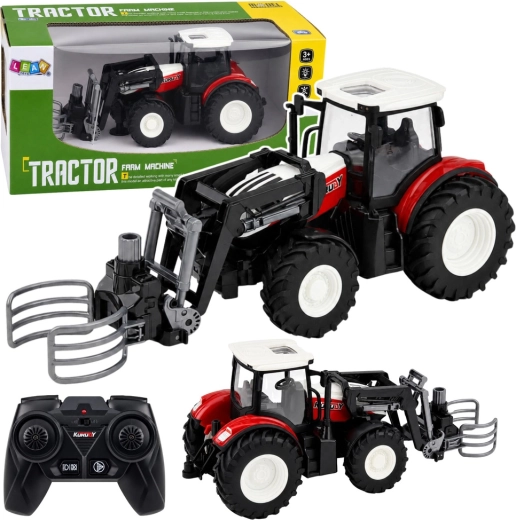 Dálkově ovládaný farmářský traktor RC s čelním nakladačem a drapákem na balíky 1:24, červený