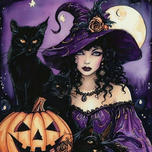 Diamantové malování Čarodějnice s černou kočkou a dýní 30 × 40 cm