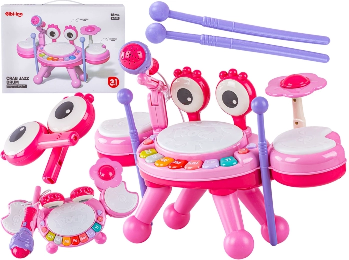 Edukativní mini bicí krab s pianinkem a mikrofonem růžové - 1 kus