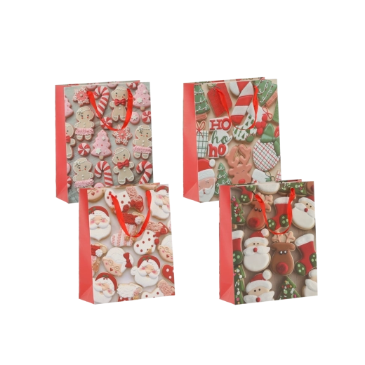 Vánoční dárkové tašky s motivem cukroví 18 × 24 × 8 cm, červené stuhy, sada 12 ks