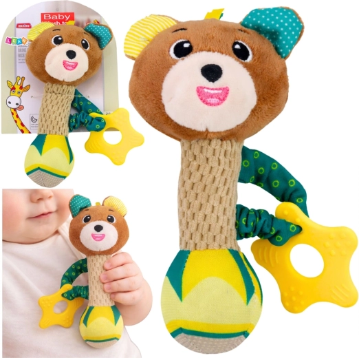 Plyšová chrastítko medvídek s kousátkem a pískátkem pro miminka