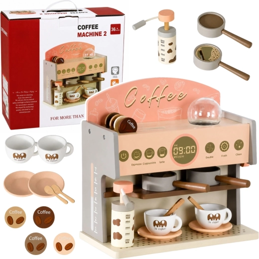 Dřevěný dětský kávovar – baristický set s příslušenstvím růžový