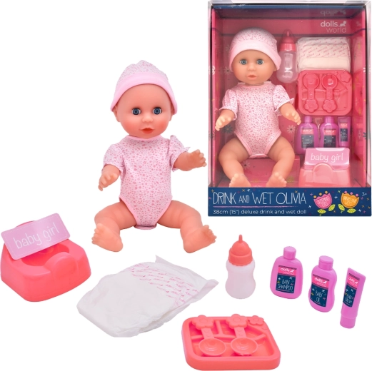 Dolls World miminko Olivia 38 cm pije a čůrá se zavíracíma očima a příslušenstvím
