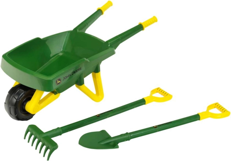 Dětský zahradní set John Deere s kolečkem, lopatou a hráběmi