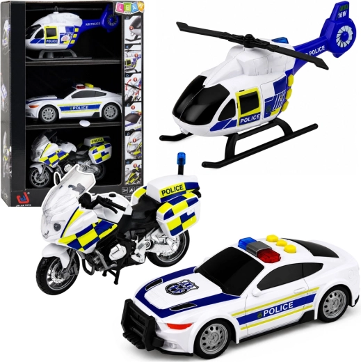 Sada policejních vozidel s helikoptérou, autem a motorkou se světly a zvuky 1:32