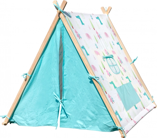 Hrací stan pro děti s motivem zvířat a dřevo-látkovým rámem