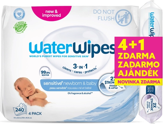 WaterWipes vlhčené ubrousky 4×60 ks + Soothing clean 60 ks zdarma