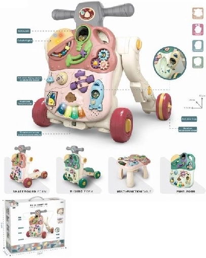 Dřevěné růžové chodítko pro děti s interaktivními aktivitami