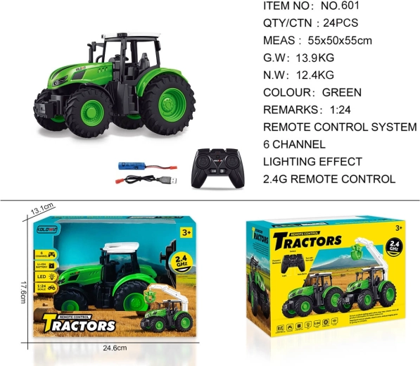 Zelený traktor na dálkové ovládání 1:24