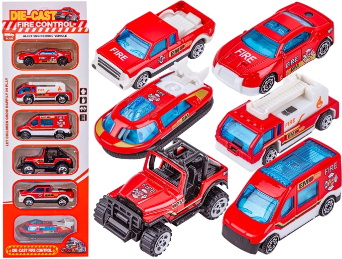 Kovové hasičské modely aut 1:64 – sada 6 ks