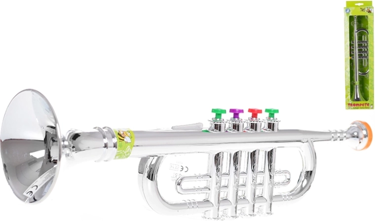 Dětská trumpeta 37,5 cm se stříbrným leskem a barevnými klapkami