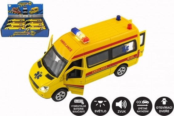 Ambulance – kovovo‑plastové autíčko se světly a zvuky, 15 cm, na zpětné natažení
