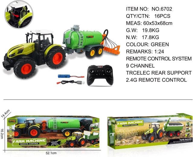 Traktor na dálkové ovládání se zeleným cisternovým vozem a shrnovačem sena 1:24