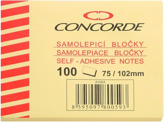 Samolepicí bloček CONCORDE 75 × 102 mm, žlutý, 100 listů