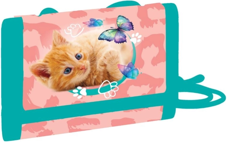 Dětská textilní peněženka Kočka na krk se suchým zipem