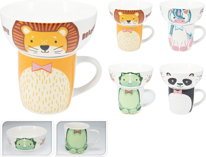 Dětská porcelánová sada – hrnek a miska, mix zvířecích dekorů